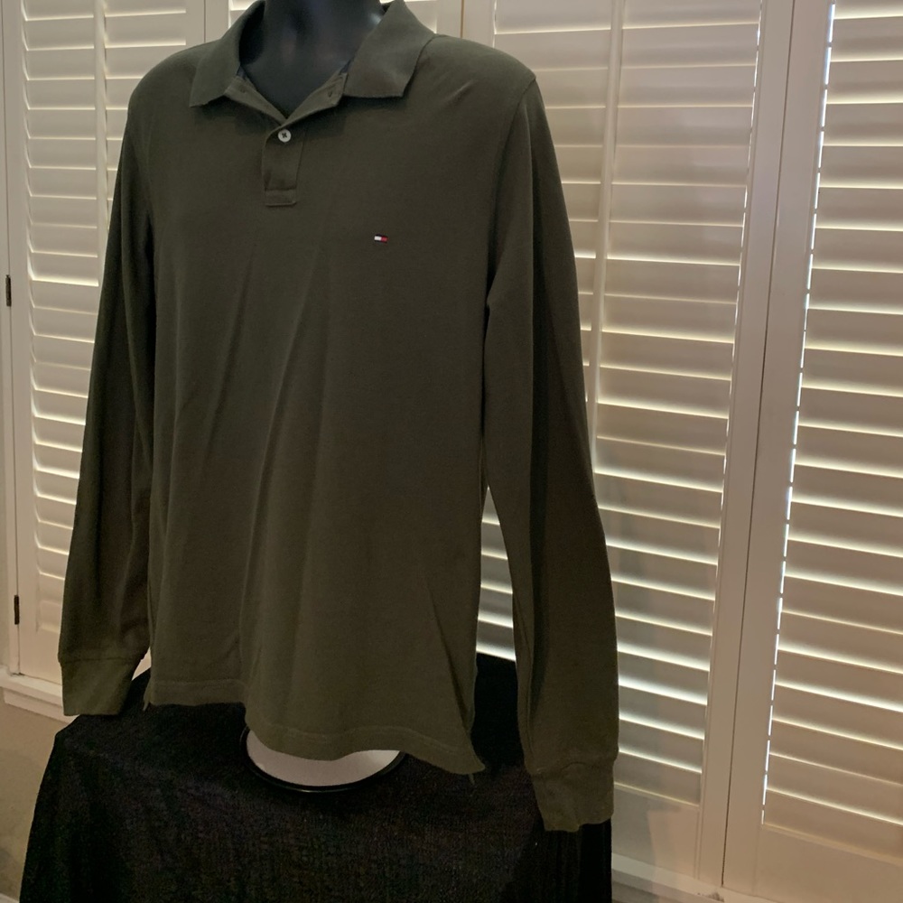 Tommy Hilfiger Long Sleeve Slim Fit XL - Olive Green w 4 color stripe collar